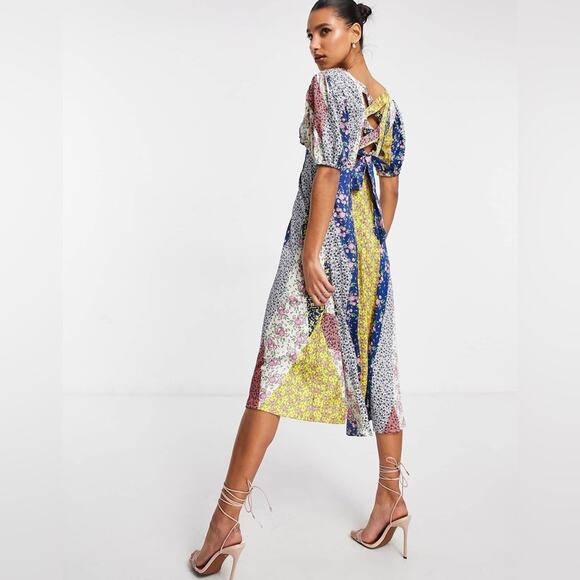 ASOS Floral Patchwork Midi Dress Button Satin Cottagecore Coquette Romantic 6 - Picture 2 of 16